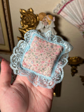 Load image into Gallery viewer, Handmade Crystal Display Pillow - Pink & Blue with Rosette
