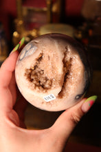 Load image into Gallery viewer, Soft Pink & Blue Flower Agate x Pink Amethyst Sphere with Druzy