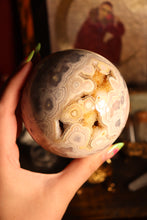 Load image into Gallery viewer, Pastel Flower Agate x Pink Amethyst Sphere with Druzy & Red Hematite Inclusions