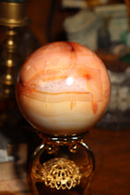 Load image into Gallery viewer, Custard Yellow & Peach Carnelian Sphere with Quartz