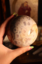 Load image into Gallery viewer, Pastel Flower Agate x Pink Amethyst Sphere with Druzy & Red Hematite Inclusions