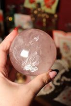 Load image into Gallery viewer, Gemmy Rainbow &amp; Shimmer-Filled Light Pink Star Rose Quartz Sphere (RQ5)