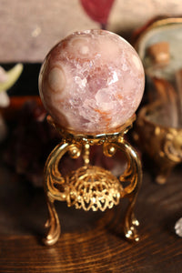 Pink Amethyst x Flower Agate Sphere with Quartz Cave