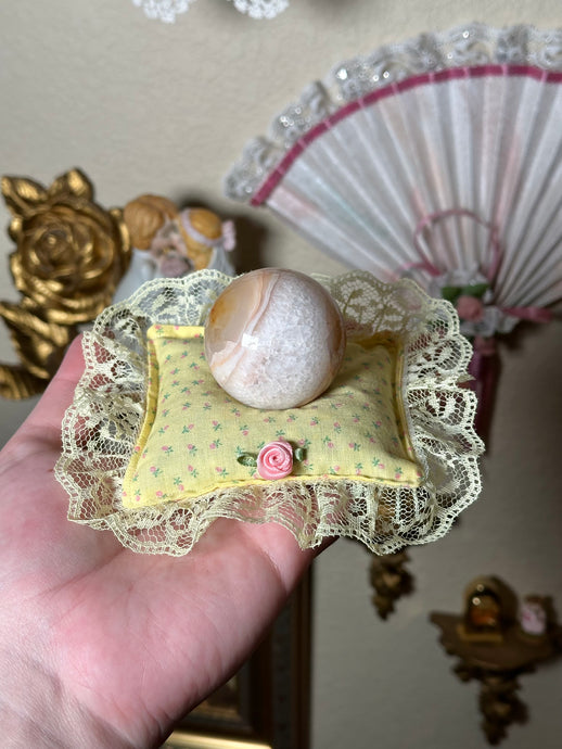 Handmade Crystal Display Pillow - Yellow Ditsy Floral with Rosette