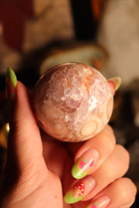 Pink Amethyst x Flower Agate Sphere with Quartz Cave