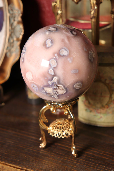 Soft Pink & Blue Flower Agate x Pink Amethyst Sphere with Druzy