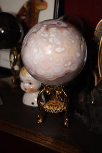 Large Banded Flower Agate x Pink Amethyst Sphere with Quartz Druzy