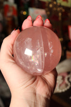 Load image into Gallery viewer, Gemmy Rainbow &amp; Shimmer-Filled Light Pink Star Rose Quartz Sphere (RQ5)