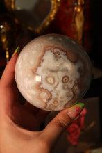 Load image into Gallery viewer, Large Banded Flower Agate x Pink Amethyst Sphere with Quartz Druzy