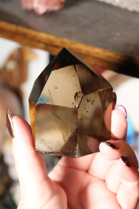 Gemmy Smokey Quartz Tower with Sparkly Hematite Inclusions