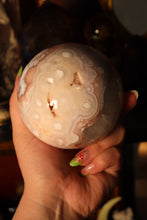 Load image into Gallery viewer, Large Banded Flower Agate x Pink Amethyst Sphere with Quartz Druzy