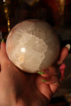 Load image into Gallery viewer, Large Banded Flower Agate x Pink Amethyst Sphere with Quartz Druzy