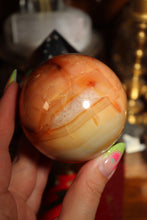 Load image into Gallery viewer, Custard Yellow &amp; Peach Carnelian Sphere with Quartz