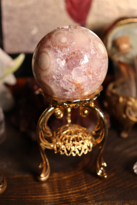 Pink Amethyst x Flower Agate Sphere with Quartz Cave