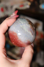 Load image into Gallery viewer, Sky Blue x Red Velvet Sea Jasper Sphere with Pyrite