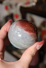 Load image into Gallery viewer, Sky Blue x Red Velvet Sea Jasper Sphere with Pyrite